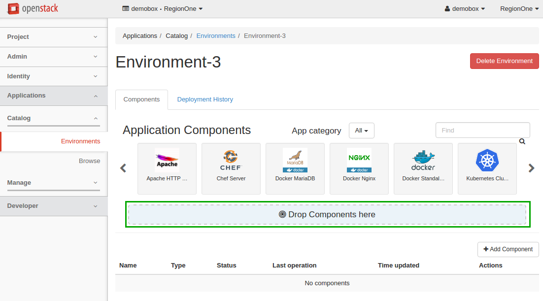 Environment Components page: Drag and drop a component